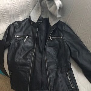 Black Leather Jacket with Grey Hood